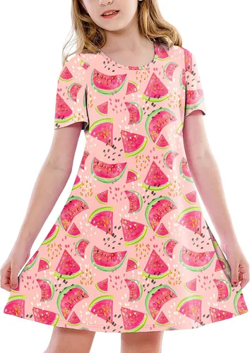 Vista 17 de Deerose Kids Summer Short Sleeve Dresses Hawaiian Tshirt Sundress 3-14 Years Coconut trees