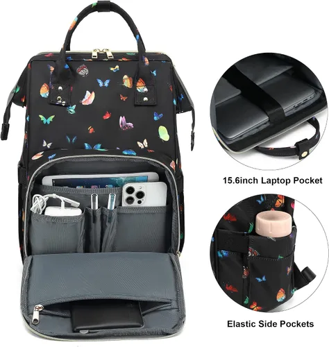 Vista 2 de Mochila de mariposa para laptop para mujeres y hombres, mochila escolar universitaria de 15.6 pulgadas para trabajo, escuela, viajes, negocios