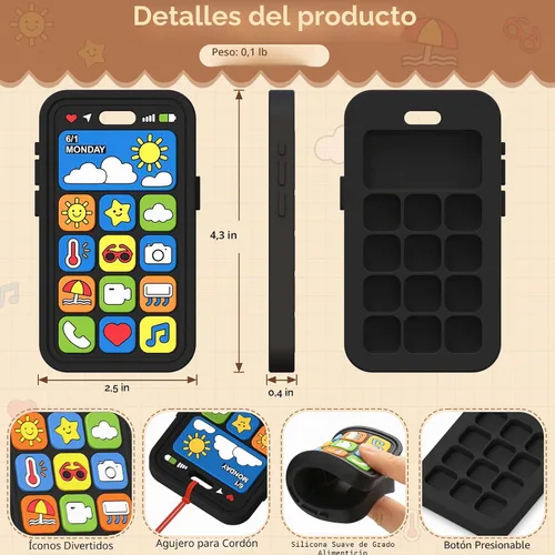 Vista 2 de Mordedor del teléfono del bebé del silicón de los juguetes de la dentición Juguetes sensoriales para masticar para el alivio de la dentición Negro