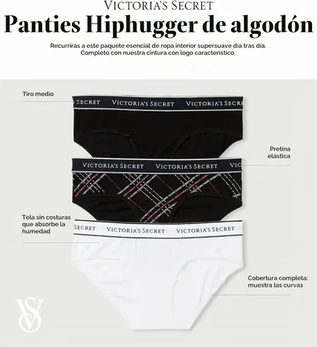 Vista 4 de Victoria's Secret Ropa interior hipster de algodón con logotipo para mujer, bragas de cobertura moderada para mujer, paquete múltiple (XS-XXL)