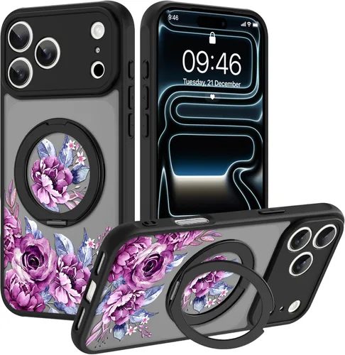 Vista 25 de OOK Funda magnética para iPhone 13 Pro Max [compatible con MagSafe] Funda delgada translúcida mate con flor silvestre negra, protección para lente