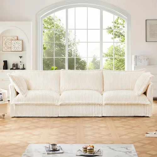 Vista 9 de KEIKI Sofá modular de pana de 83 pulgadas, cómodo juego de sofá nube blanco con 2 almohadas, moderno sofá de asiento con cojines profundos y suaves
