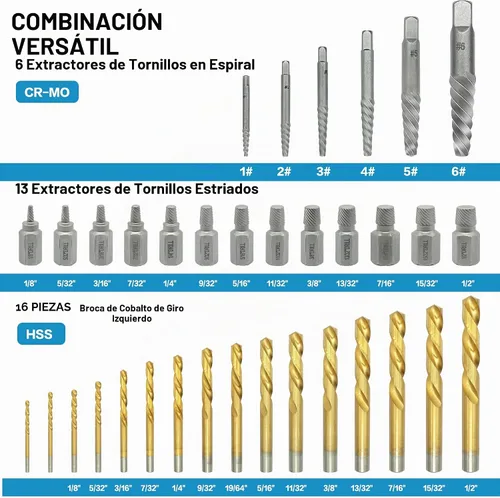 Vista 2 de GMTOOLS Kit Extractor de Tornillos Helicoidales y Pernos de 35 Piezas, Kit de Remoción Fácil con Broca de Mano Izquierda Extractor Multi-estriado