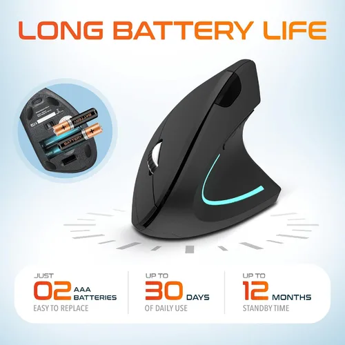 Vista 3 de Delton Ratón inalámbrico vertical ergonómico, dongle USB de 2.4 GHz, 6 botones, 3 niveles de DPI ajustables (800/1200/2400), funciona con pilas AA