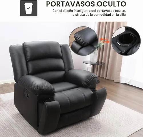 Vista 6 de EBELLO Silla reclinable manual de piel sintética, sofá reclinable individual con 2 portavasos ocultos, apoyabrazos y respaldo acolchado para sala
