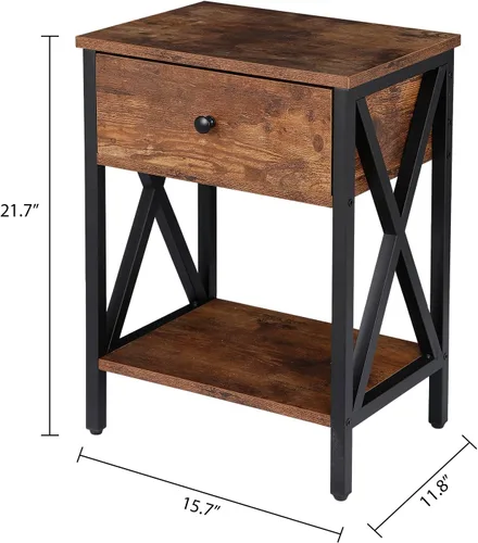 Vista 3 de SUPER DEAL Juego de 2 mesitas de noche con cajón y estante de almacenamiento, mesita de noche industrial, marco en X de metal resistente