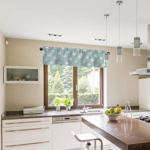 Vista 6 de Cortinas de cenefa para ventanas, patrón marroquí en acuarela, cenefa semitransparente, con formas geométricas abstractas, bolsillo para cortinero