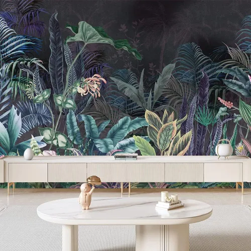 Vista 3 de Papel tapiz de bosque de selva de 151 x 105 pulgadas, papel tapiz autoadhesivo con estampado de flores tropicales de palmeras tropicales