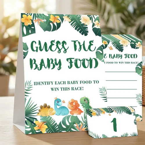 Vista 13 de DETIHO Tarjetas de juego de dinosaurio para baby shower, 1 letrero de sugerencia de nombre de bebé con 50 tarjetas de relleno, juego de fiesta
