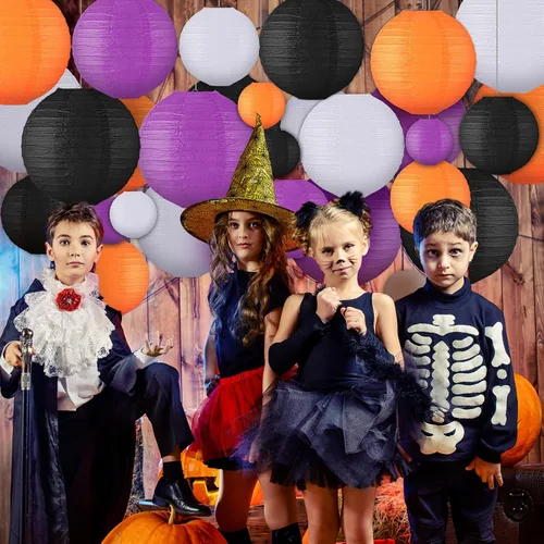 Vista 6 de VIHOSE 16 linternas de papel colgantes de Halloween, linternas de papel redondas, decorativas, naranja, morado, negro, blanco, para Halloween