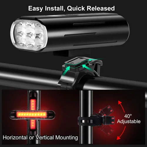 Vista 6 de 6 luces LED superbrillantes para bicicleta de noche, 6400 mAh USB recargable luces de bicicleta luces delanteras y traseras, luz trasera