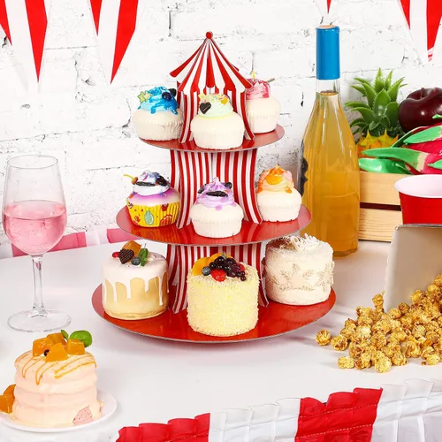 Vista 7 de Amyhill 2 soportes para cupcakes de carnaval de cartón de 3 niveles, soporte para cupcakes de circo a rayas rojas y blancas para exhibiciones