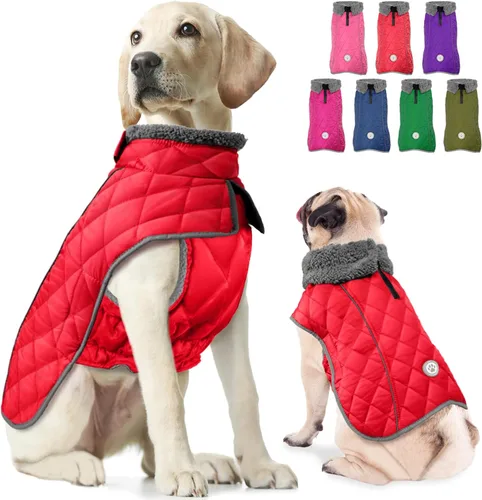 Vista 14 de Fragralley Abrigo de invierno para perro, chaqueta de forro polar reflectante impermeable y resistente al viento con agujero para arnés, chaleco