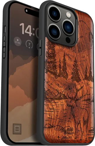 Vista 13 de Carveit Funda magnética de madera para iPhone 14 Pro, madera natural y TPU suave negro, funda protectora a prueba de golpes, funda de madera única