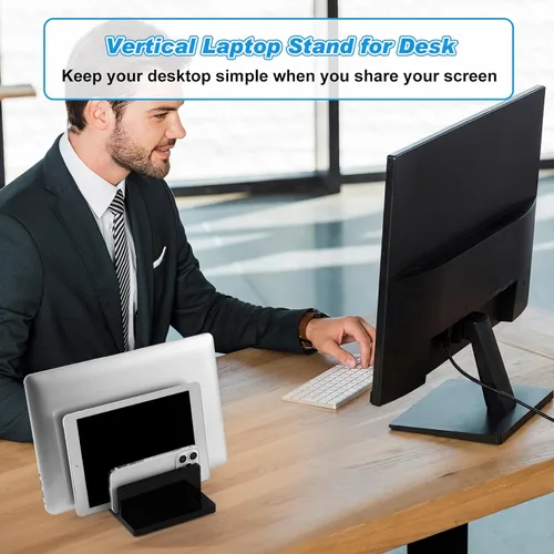 Vista 6 de Soporte vertical ajustable para computadora portátil, soporte acrílico de 3 ranuras para laptop, base invisible para computadora portátil, todos