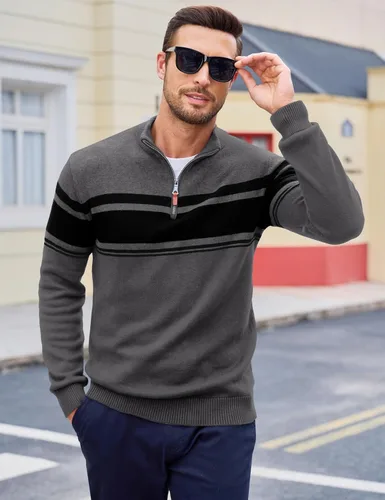 Vista 22 de MAGCOMSEN Suéteres de algodón con cremallera de 1/4 para hombre, suéter tipo polo, a rayas, para otoño e invierno, sudaderas cálidas