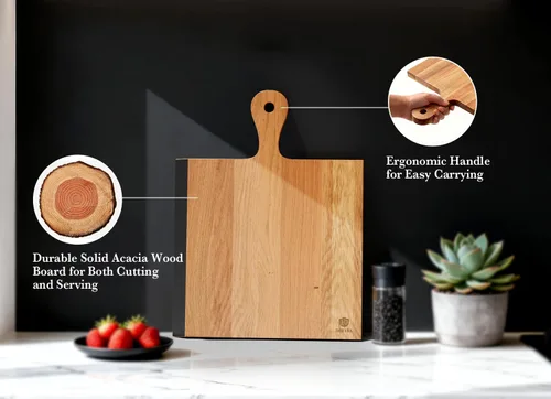 Vista 5 de Tabla de cortar de madera de acacia con asa, tabla de charcutería reversible 2 en 1 y tabla de cortar, tabla grande de 17 x 13 pulgadas con borde