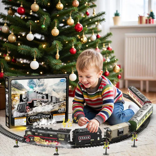 Vista 3 de Funwee Juego de tren con vagones de pasajeros brillantes para debajo del árbol de Navidad, juguete de tren eléctrico con humo, luz y sonido, idea