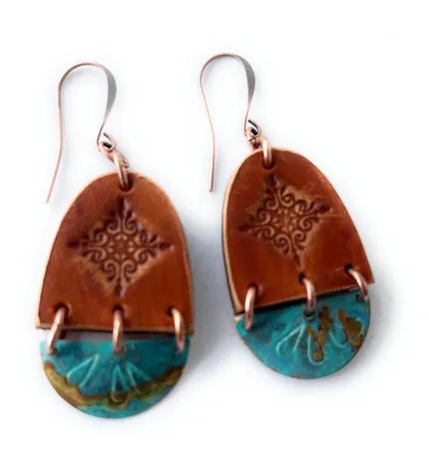 Vista 9 de Boho Leather Stamped Scroll & Turquoise Rust Copper Earrings (Sterling Silver Earwires)