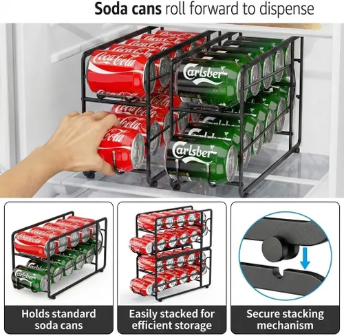 Vista 5 de Canyave Organizador de latas de soda, estante de almacenamiento, paquete de 2, dispensador de bebidas apilable, organizador para latas de soda, Negro