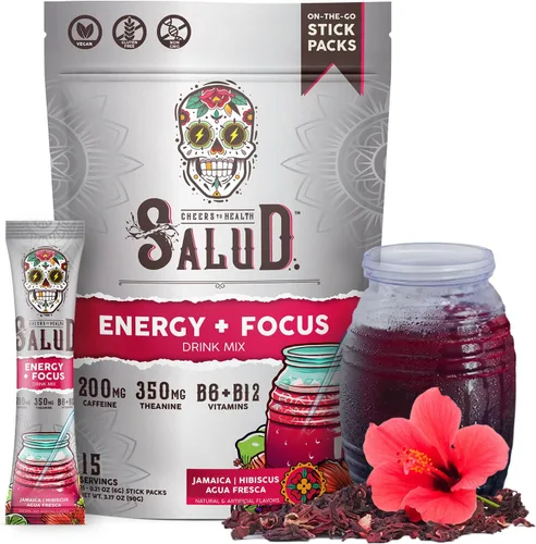Vista 8 de Salud 2-en-1 Polvo para Bebida Energética + Enfoque, Sabor Cereza Lima, Cafeína Orgánica, B6 + B12, Teanina, Paquetes de Bebida Energética Limpia