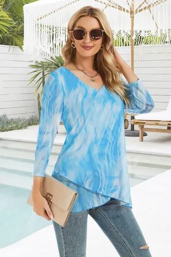 Vista 2 de SeSe Code Blusa tipo túnica de manga 34 para mujer, con dobladillo asimétrico, camisa de malla ligera