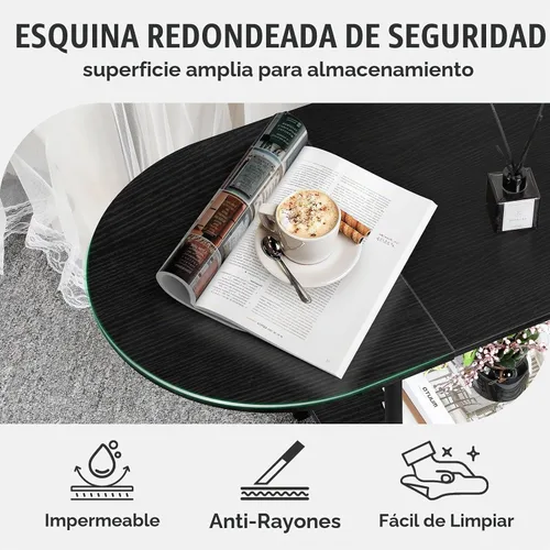 Vista 3 de Mesas de café negras para sala de estar, mesa de centro oval pequeña de mediados de siglo con estante de almacenamiento y tablero de madera, mesa