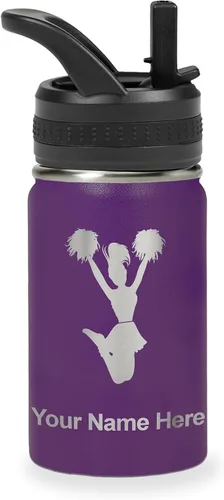 Vista 37 de LaserGram Botella de agua con tapa abatible de doble pared de 12 onzas con pajita, animadora, grabado personalizado incluido (negro)