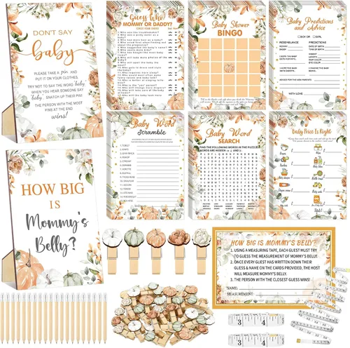 Vista 13 de Funnymoom Set de 426 piezas de juegos de baby shower de Halloween, 8 juegos, incluye bingo de baby shower, el precio correcto, adivina quién