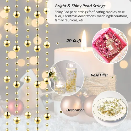 Vista 3 de 50 piezas de cadenas de perlas flotantes para velas flotantes, perlas artificiales para relleno de jarrones, decoraciones de mesa para centro