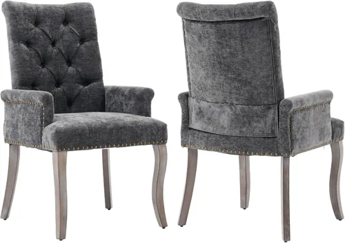 Vista 21 de Sillas de Comedor Tapizadas Acolchadas de Chenilla con Brazos y Ribete de Tachuelas – Marco y Patas de Madera Maciza, Estilo Granja Moderna