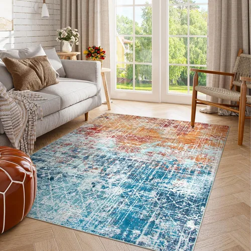 Vista 8 de Zealude Alfombra abstracta lavable para sala de estar, de 5 x 7 pies, color verde azulado y naranja, alfombra bohemia antideslizante, moderna