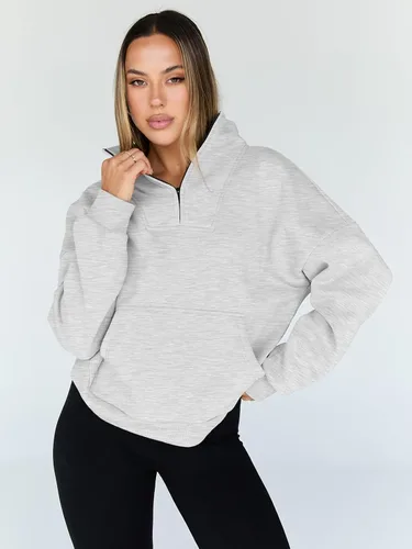 Vista 2 de Trendy Queen - Sudaderas con medio cierrey capucha de gran tamaño, comoda, extragrande, para otoño, Y2K, ropa de invierno, 2024 Gris