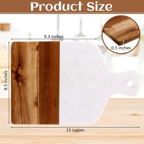 Vista 2 de FillTouch 2 tablas de cortar de mármol y madera de acacia de 13 x 8.5 pulgadas, tablas de charcutería de mármol blanco para servir queso con asa
