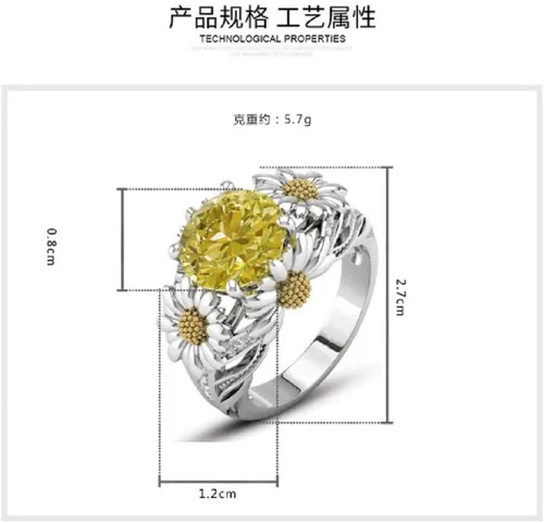 Vista 2 de Lzz Fashion Lady - Anillo de plata de ley 925 de 3,5 quilates, citrino, margarita, circonita cúbica, flor de girasol, anillo de boda, tamaño 6-10