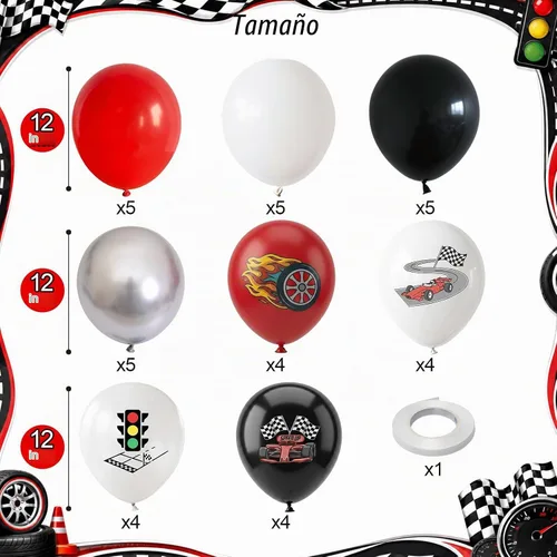 Vista 2 de Globos de coche de carreras, globo de látex de coche de carreras de 12 Negro Rojo-racing