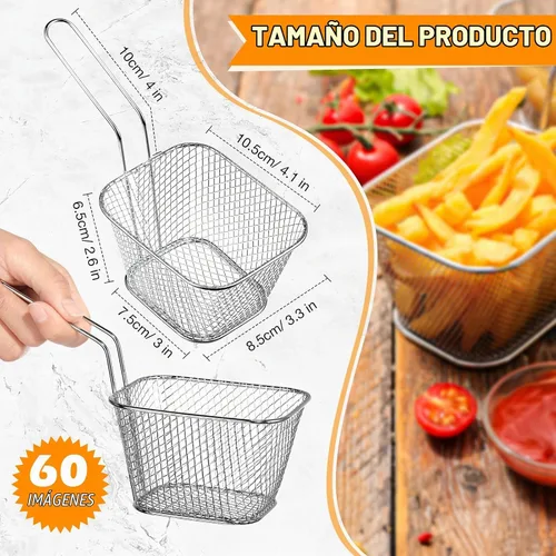 Vista 2 de Maxdot 60 unidades, mini cesta cuadrada para papas fritas con asa cromada, soporte para papas fritas, cesta de presentación de alimentos
