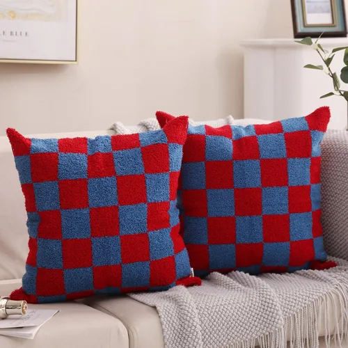 Vista 29 de Alysheer Fundas de almohada decorativas bordadas a cuadros 18"x 18", juego de 2, fundas de almohada de algodón con patrón tuftado de cuadros