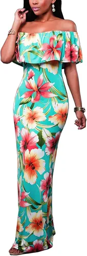 Vista 2 de LalaLin Vestido largo sexy con hombros descubiertos para mujer, estampado floral, manga con volantes, entallado, para salir a la noche, Hawaii