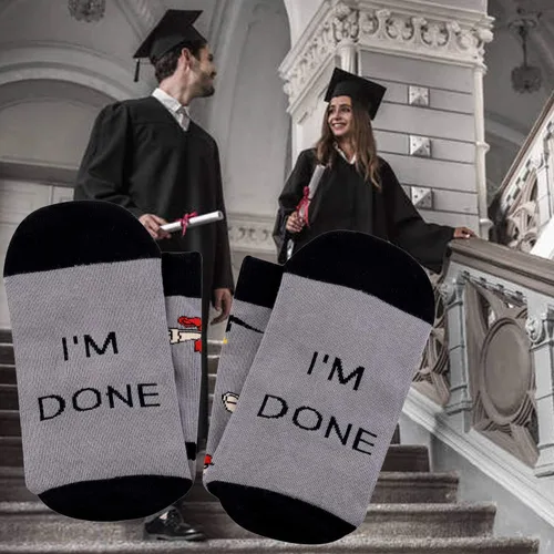 Vista 4 de PXTIDY 2 pares de calcetines de graduación con texto en inglés "I Done" para graduados de la clase de 2024, regalo de graduación de felicitaciones
