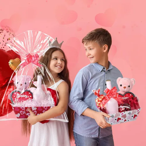 Vista 6 de Tatuo Juego de 12 cestas de San Valentín para regalos vacías con bolsas de celofán, bandeja de mercado de corazón de San Valentín, lazos, kit