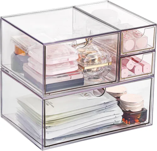 Vista 4 de Organizador de cajones de maquillaje, organizador de cajones de escritorio con 4 cajones, 3 tamaños diferentes, adecuado para escritorio de oficina