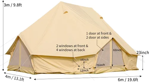Vista 2 de Tienda de campaña de lona de algodón de 19.7 ft, 3 puertas, extra grande, impermeable, con orificio para estufa de techo, para 8-12 personas