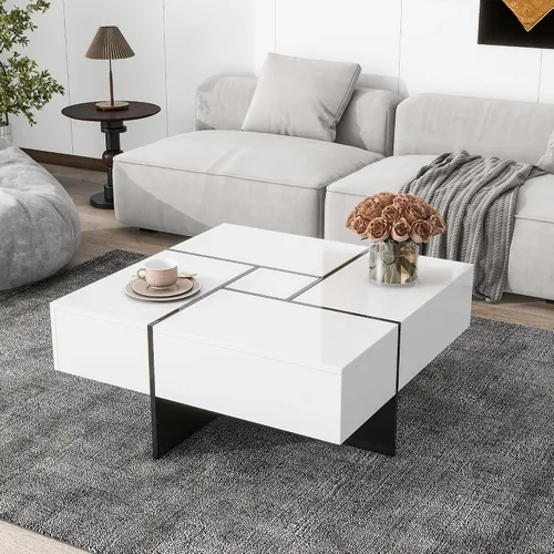 Vista 3 de Merax Mesa de centro cuadrada moderna con 4 compartimentos de almacenamiento ocultos, diseño UV de alto brillo para sala de estar, color blanco