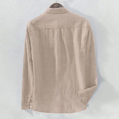 Vista 3 de Ymosrh Camisas casuales de lino de manga larga para hombre, camisa casual sin cuello, cuello alto, camisa hawaiana