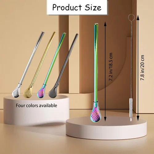 Vista 6 de 2 filtros de cuchara de acero inoxidable con 2 cepillos de limpieza, cuchara de té reutilizable para té suelto, paja de yerba mate, pajitas