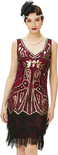 Vista 14 de BABEYOND Vestido de mujer con estilo charlestón de los años 20, cuello en V, con cuentas y flecos, estilo Gran Gatsby