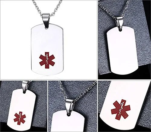 Vista 3 de MZC Jewelry Collar de alerta médica para hombres y mujeres de acero inoxidable con colgante de etiqueta de identificación médica