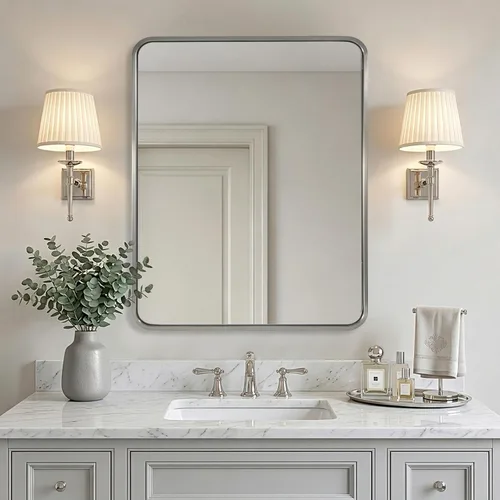 Vista 65 de Espejo de latón para baño, espejo rectangular redondeado de 22x30 pulgadas con marco de metal cepillado dorado, espejo de tocador de baño sin