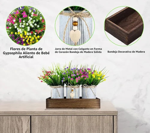 Vista 3 de CALAVAK Centro de mesa decorativo de madera con 3 macetas de metal artificiales para el aliento del bebé, plantas de gypsophila, decoración rústica